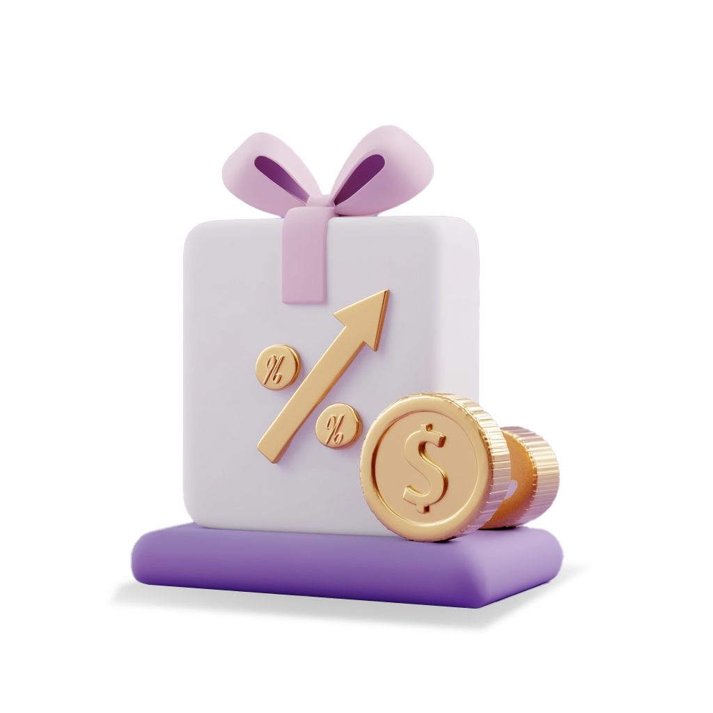 Prezent z symbolem wzrostu, procentami i monetami – LoyRise karty podarunkowe