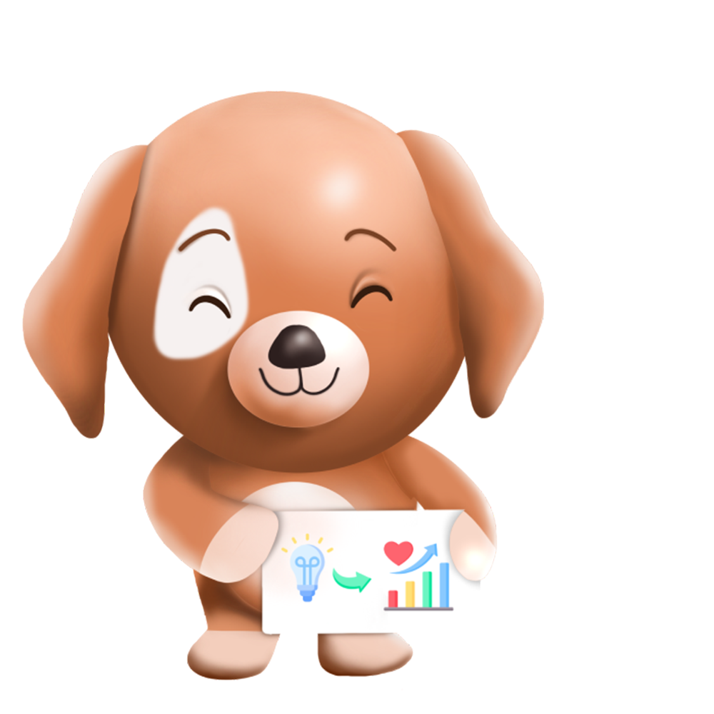 Uśmiechnięty piesek trzymający tabliczkę z wykresem, otoczony białymi chmurkami