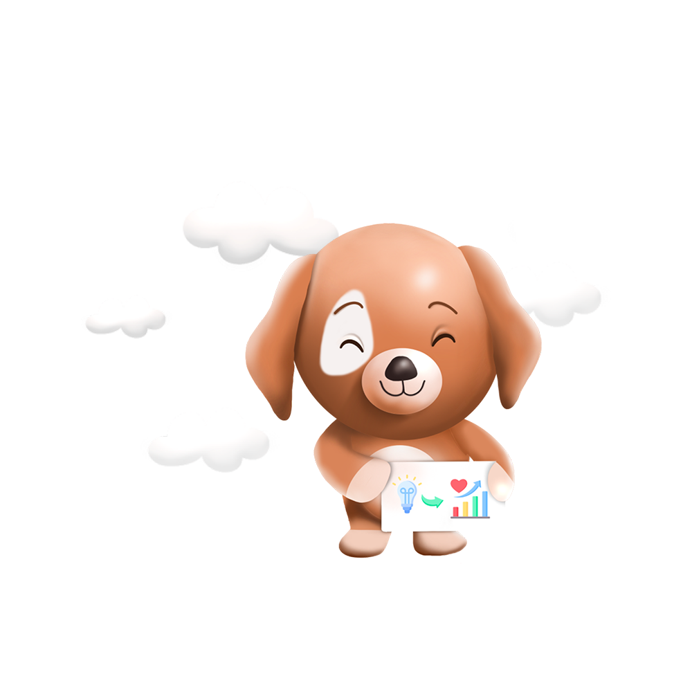 Uśmiechnięty piesek trzymający tabliczkę z wykresem, otoczony białymi chmurkam