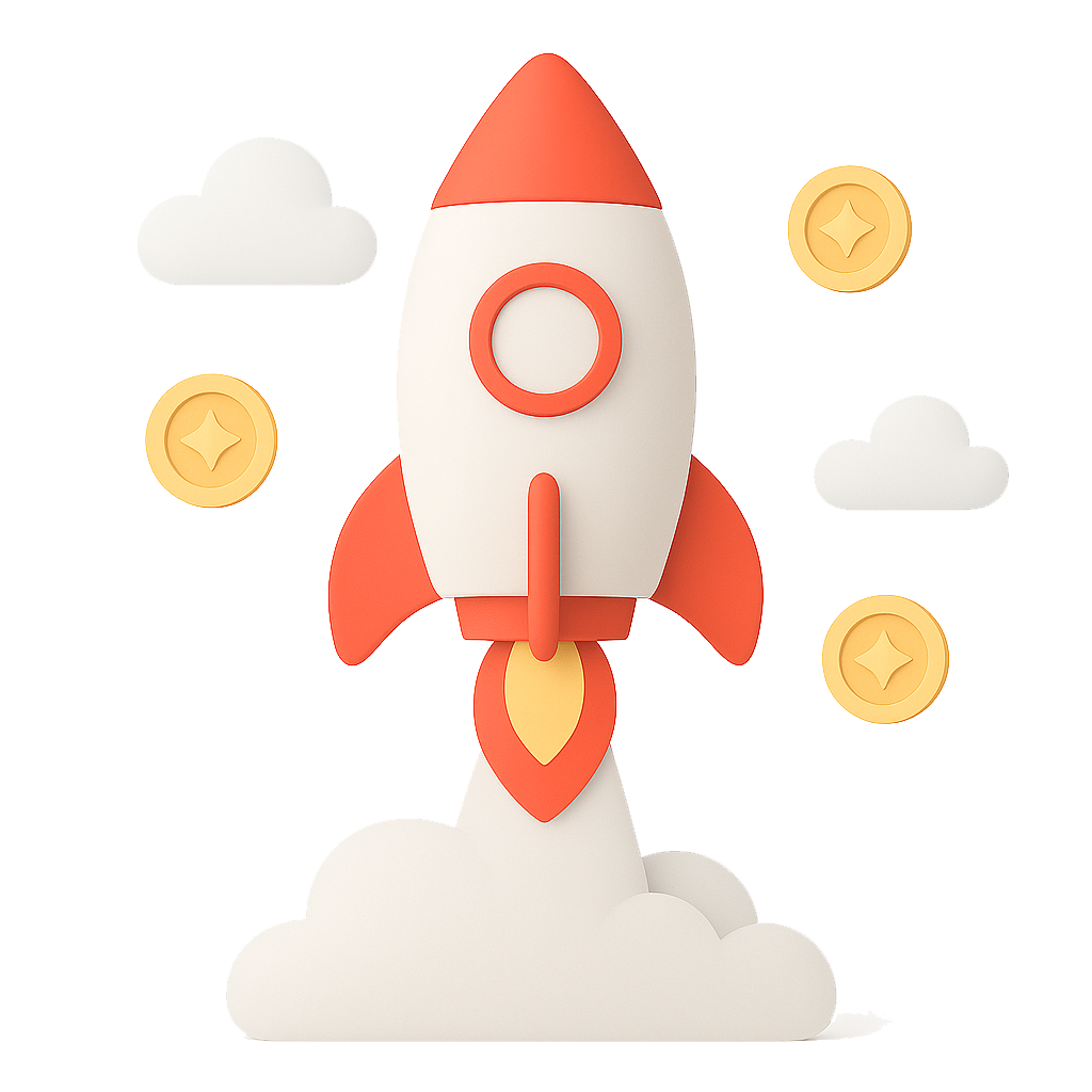 Ilustracja rakiety w kolorach LoyRise startującej w chmurach z monetami, symbol rozwoju biznesu i lojalności klientów