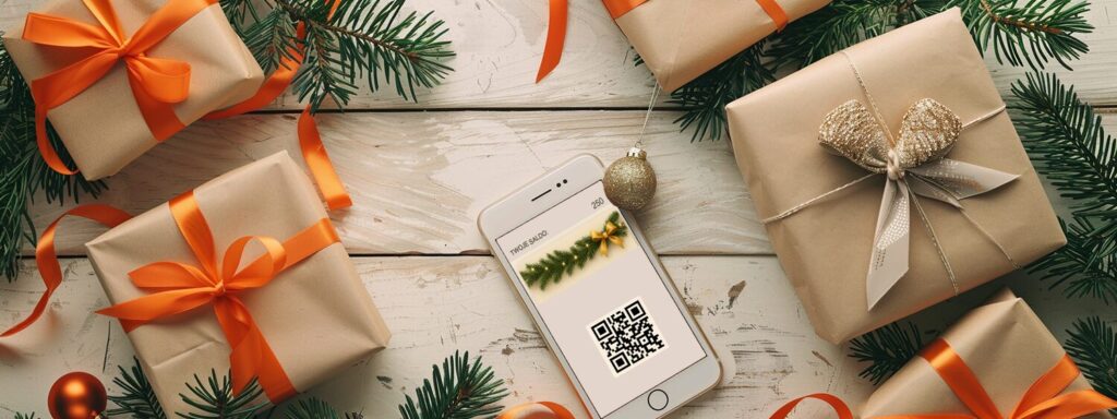 Karta podarunkowa LoyRise w smartfonie na jasnym drewnianym blacie, obok minimalistycznych prezentów i delikatnych świątecznych akcentów w ciepłym świetle dziennym.