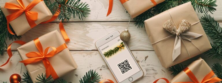 Karta podarunkowa LoyRise w smartfonie na jasnym drewnianym blacie, obok minimalistycznych prezentów i delikatnych świątecznych akcentów w ciepłym świetle dziennym.